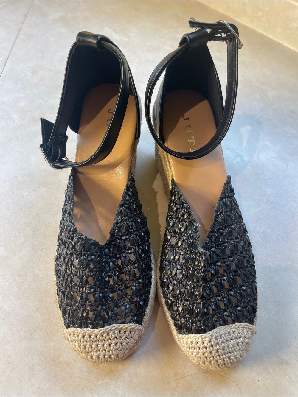 Juti Black Woven Espadrille Ankle-Strap Flats Size 9
